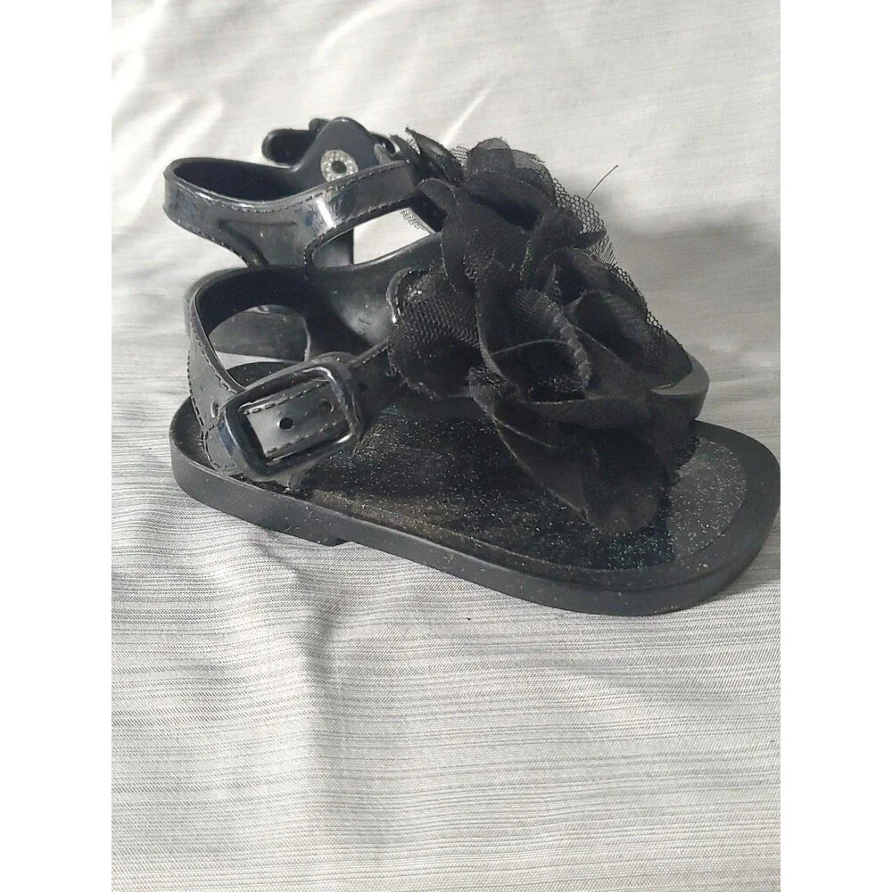 Baby Girl Black Jelly Sandals‎ W/Flower (Size 3) Spring/Summer/Easter/Beach - Picture 6 of 16